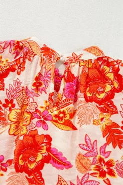 Discount Dear-Lover Floral Print Pearl Button Keyhole Long Puff Sleeve Blouse Orange