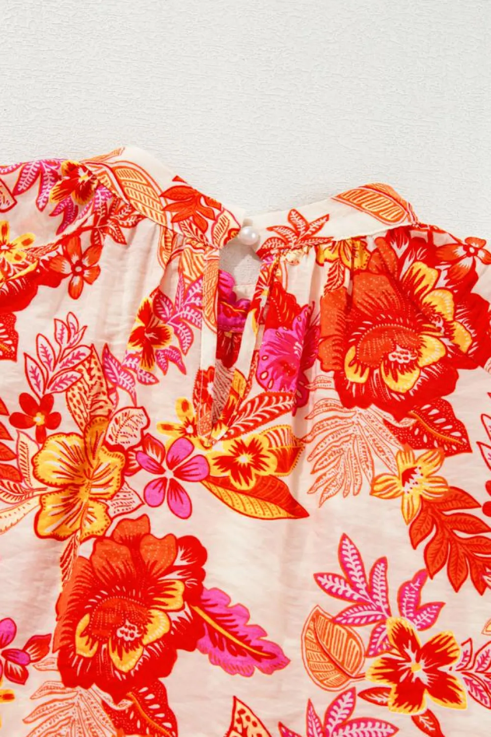 Discount Dear-Lover Floral Print Pearl Button Keyhole Long Puff Sleeve Blouse Orange