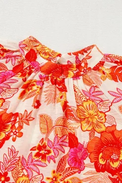 Discount Dear-Lover Floral Print Pearl Button Keyhole Long Puff Sleeve Blouse Orange