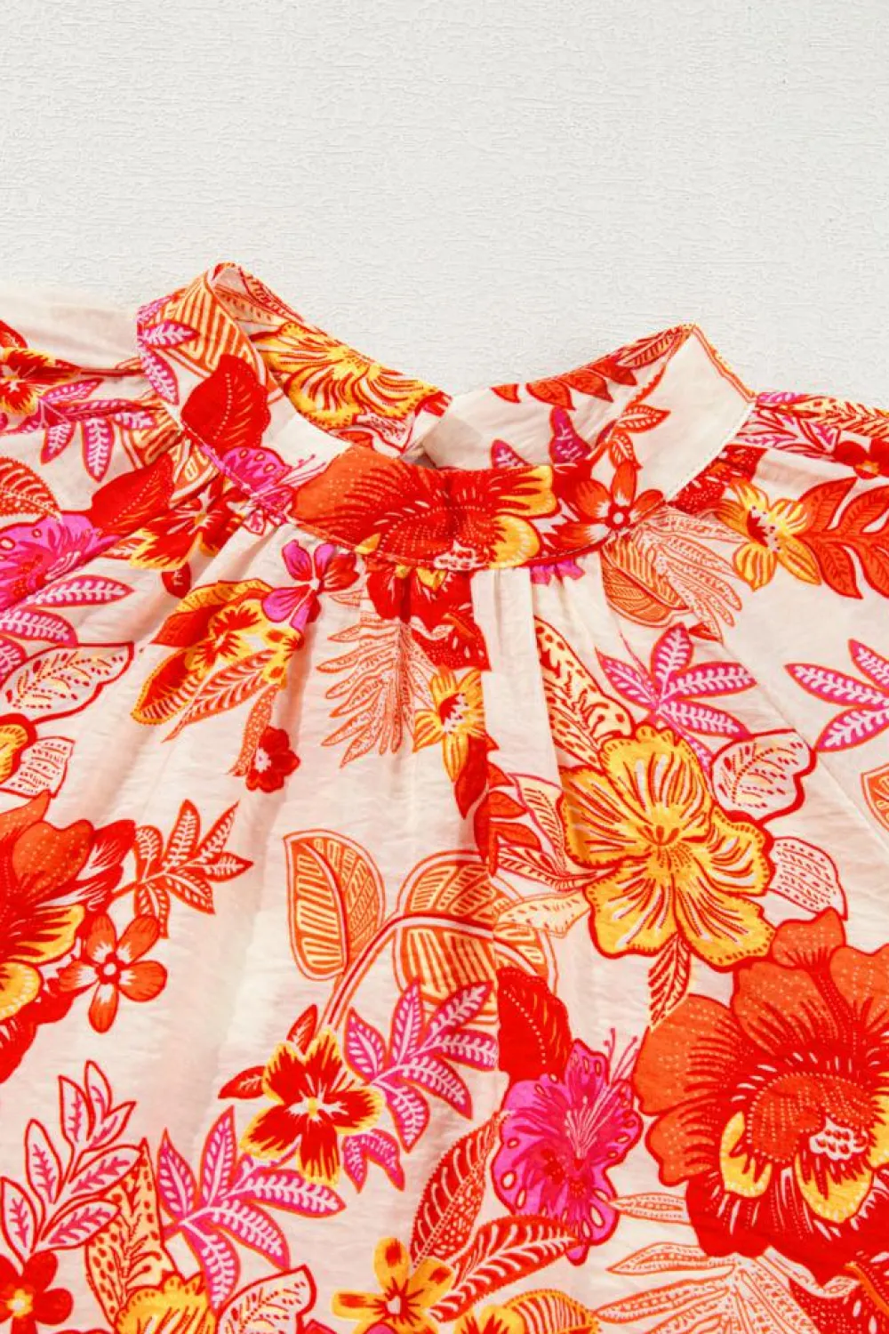 Discount Dear-Lover Floral Print Pearl Button Keyhole Long Puff Sleeve Blouse Orange