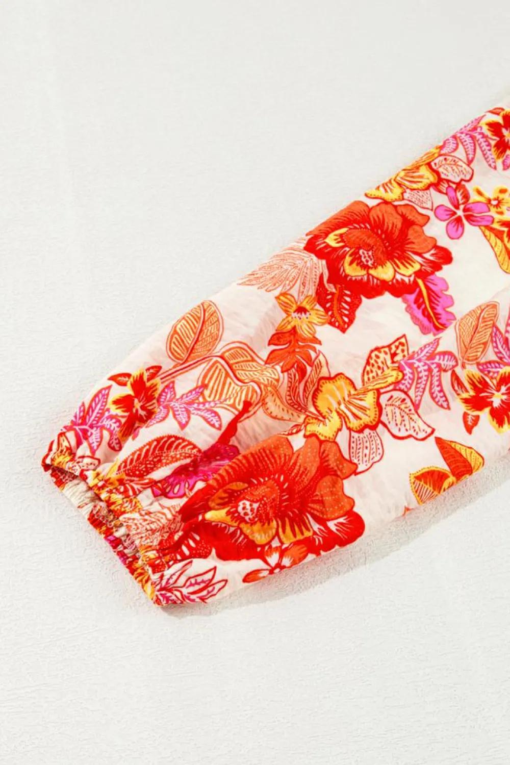Discount Dear-Lover Floral Print Pearl Button Keyhole Long Puff Sleeve Blouse Orange