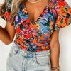 Best Dear-Lover Floral Print Puff Sleeve Ruched V Neck Blouse Orange