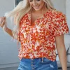 Online Dear-Lover Floral Print Ruffled Short Puff Sleeve Split Neck Blouse Orange