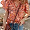 Clearance Dear-Lover Floral Print Ruffled Flutter Sleeve Frilled V Neck Blouse Orange