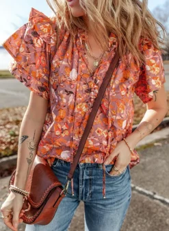 Clearance Dear-Lover Floral Print Ruffled Flutter Sleeve Frilled V Neck Blouse Orange