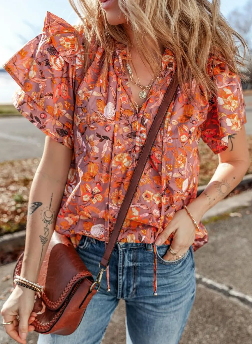 Clearance Dear-Lover Floral Print Ruffled Flutter Sleeve Frilled V Neck Blouse Orange