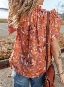 Clearance Dear-Lover Floral Print Ruffled Flutter Sleeve Frilled V Neck Blouse Orange