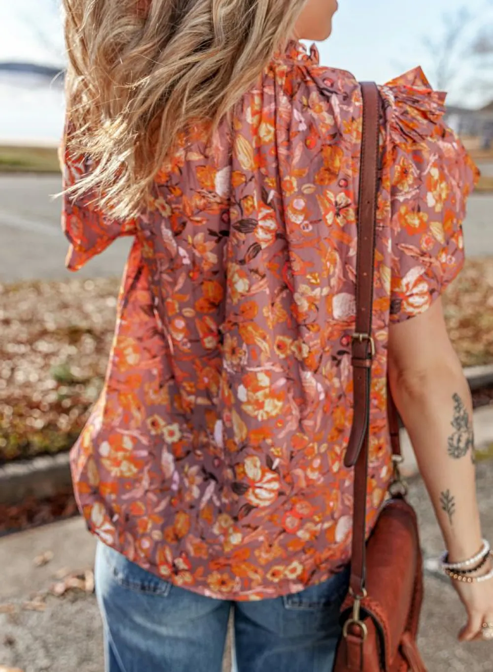 Clearance Dear-Lover Floral Print Ruffled Flutter Sleeve Frilled V Neck Blouse Orange