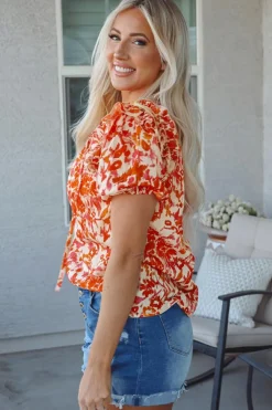 Online Dear-Lover Floral Print Ruffled Short Puff Sleeve Split Neck Blouse Orange