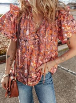 Clearance Dear-Lover Floral Print Ruffled Flutter Sleeve Frilled V Neck Blouse Orange