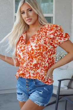 Online Dear-Lover Floral Print Ruffled Short Puff Sleeve Split Neck Blouse Orange