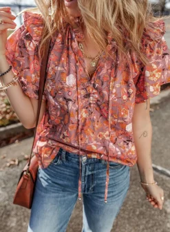 Clearance Dear-Lover Floral Print Ruffled Flutter Sleeve Frilled V Neck Blouse Orange