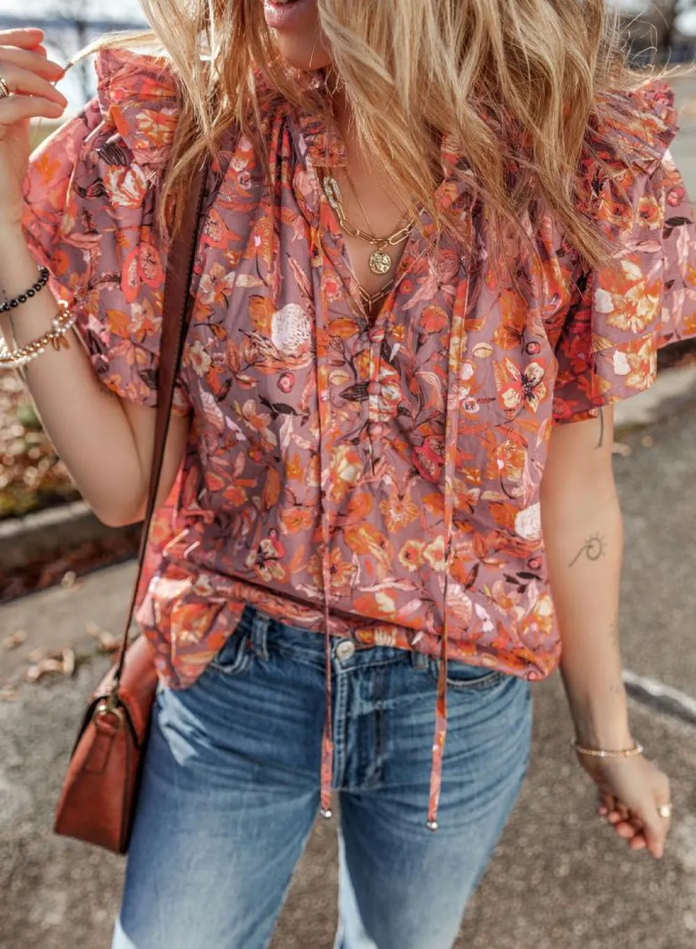 Clearance Dear-Lover Floral Print Ruffled Flutter Sleeve Frilled V Neck Blouse Orange