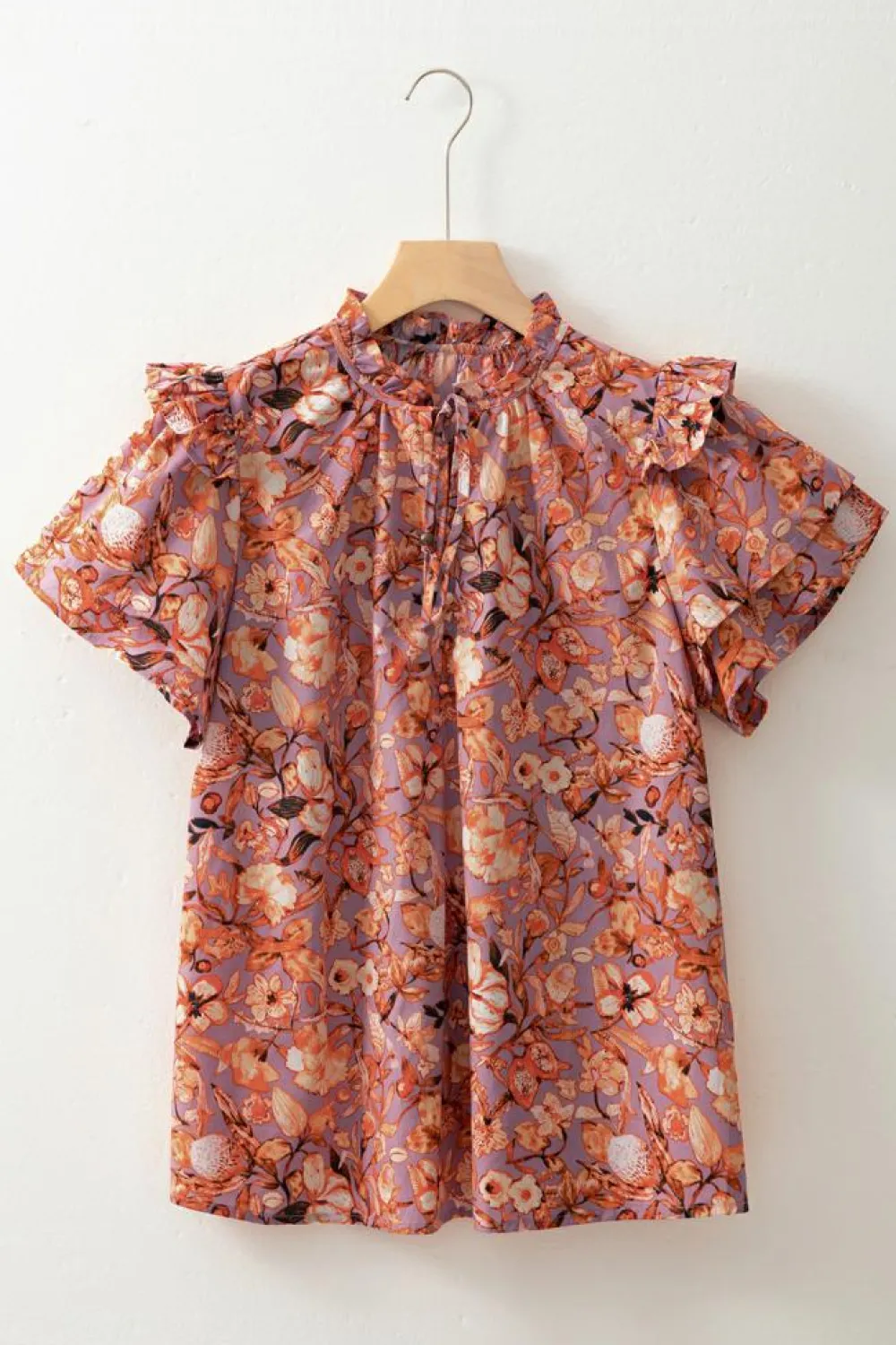 Clearance Dear-Lover Floral Print Ruffled Flutter Sleeve Frilled V Neck Blouse Orange