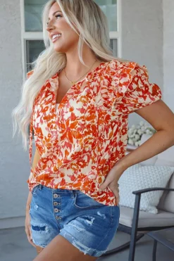 Online Dear-Lover Floral Print Ruffled Short Puff Sleeve Split Neck Blouse Orange