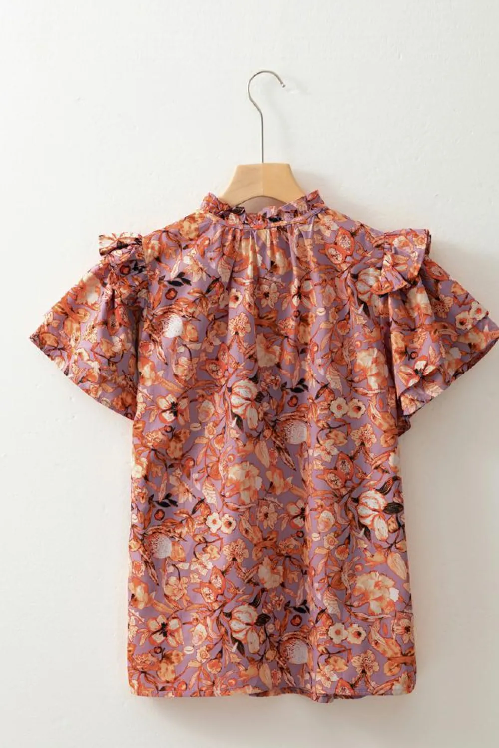 Clearance Dear-Lover Floral Print Ruffled Flutter Sleeve Frilled V Neck Blouse Orange