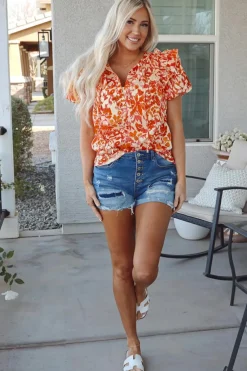 Online Dear-Lover Floral Print Ruffled Short Puff Sleeve Split Neck Blouse Orange