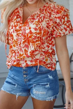 Online Dear-Lover Floral Print Ruffled Short Puff Sleeve Split Neck Blouse Orange