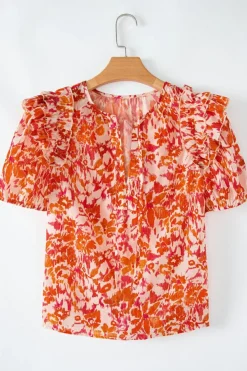 Online Dear-Lover Floral Print Ruffled Short Puff Sleeve Split Neck Blouse Orange