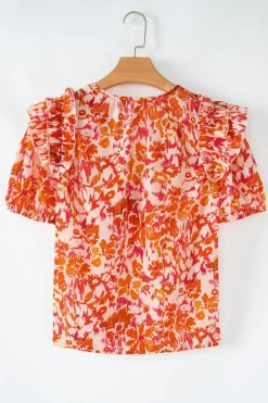 Online Dear-Lover Floral Print Ruffled Short Puff Sleeve Split Neck Blouse Orange