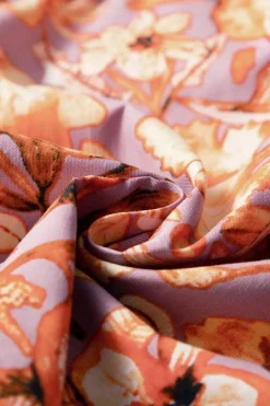 Clearance Dear-Lover Floral Print Ruffled Flutter Sleeve Frilled V Neck Blouse Orange