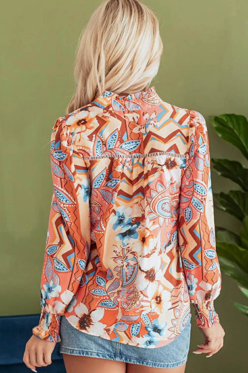 Hot Dear-Lover Floral Print Shirred Cuff Buttoned Loose Shirt Orange