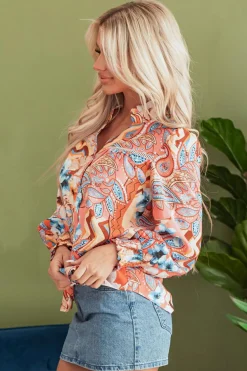 Hot Dear-Lover Floral Print Shirred Cuff Buttoned Loose Shirt Orange