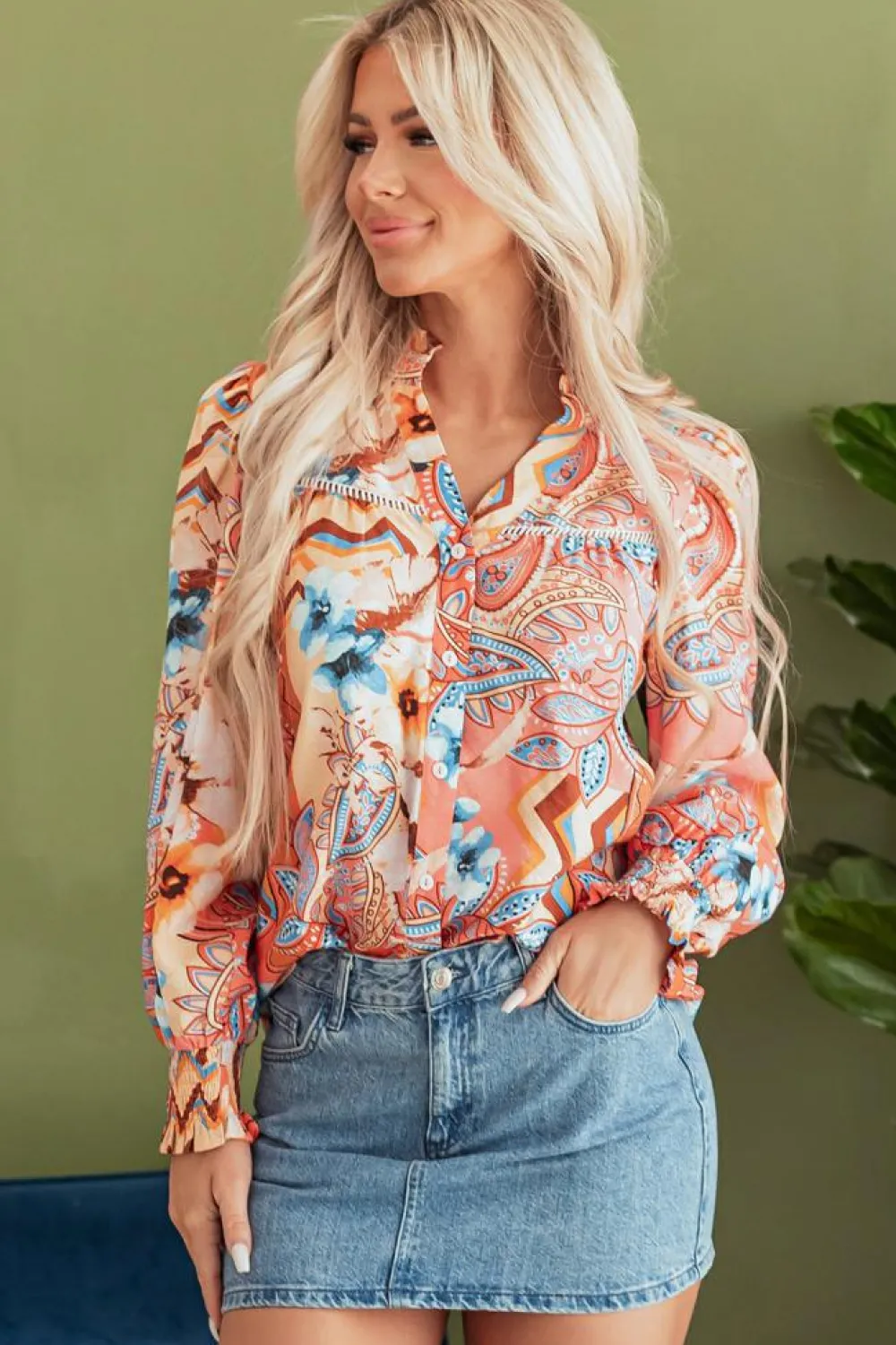 Hot Dear-Lover Floral Print Shirred Cuff Buttoned Loose Shirt Orange