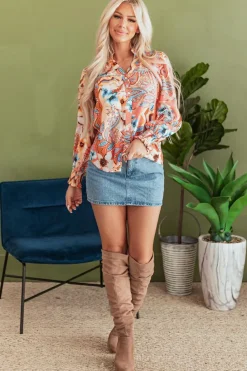 Hot Dear-Lover Floral Print Shirred Cuff Buttoned Loose Shirt Orange