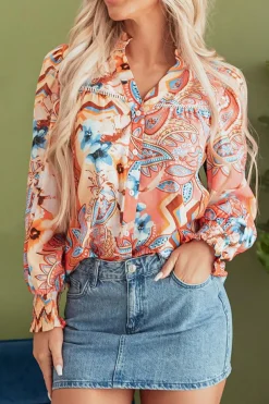 Hot Dear-Lover Floral Print Shirred Cuff Buttoned Loose Shirt Orange