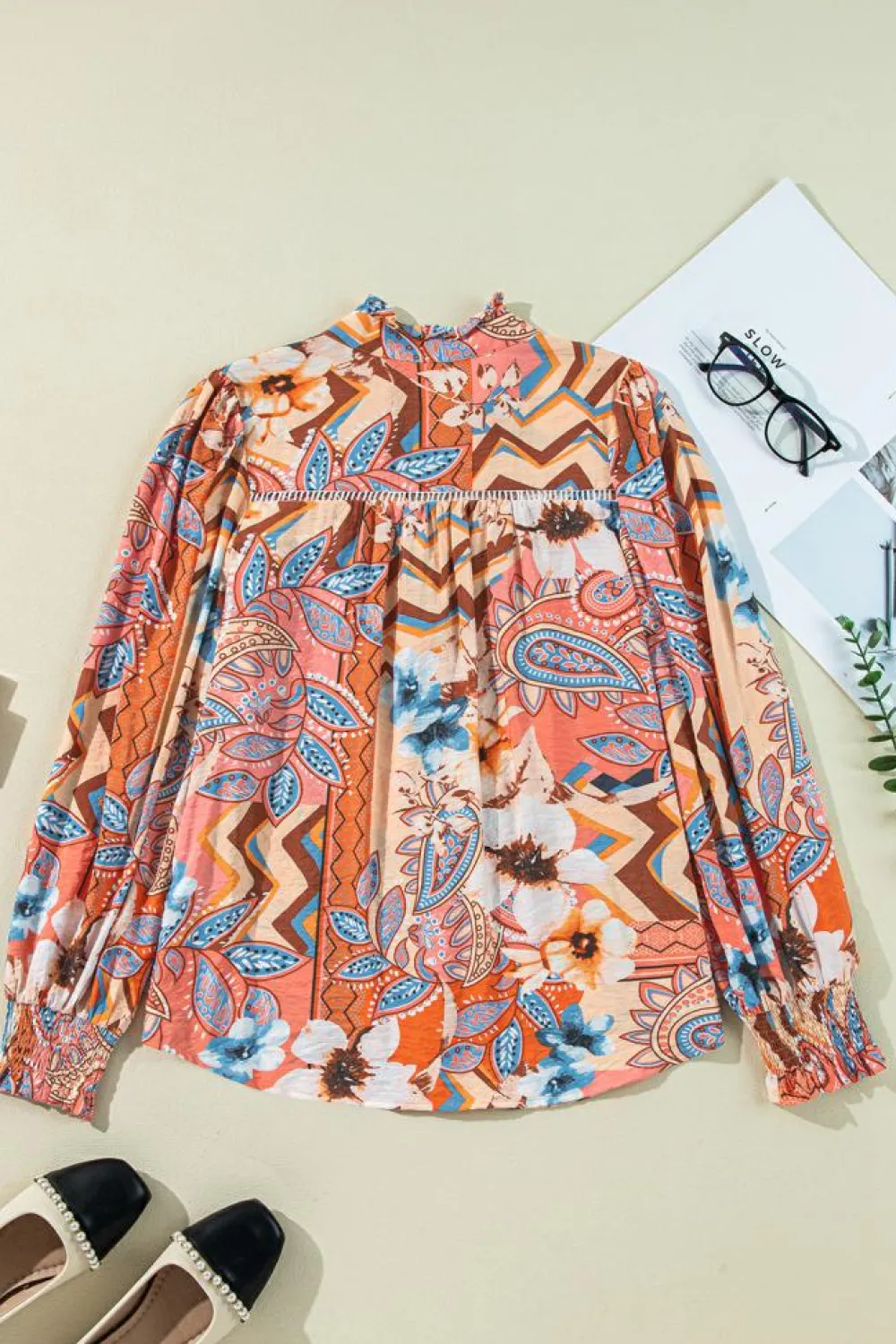 Hot Dear-Lover Floral Print Shirred Cuff Buttoned Loose Shirt Orange