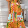 Outlet Dear-Lover Floral Print Smocked Empire Waist V Neck Maxi Dress Orange