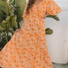 Fashion Dear-Lover Floral Print Smocked V Neck Wide Sleeve Maxi Dress Orange