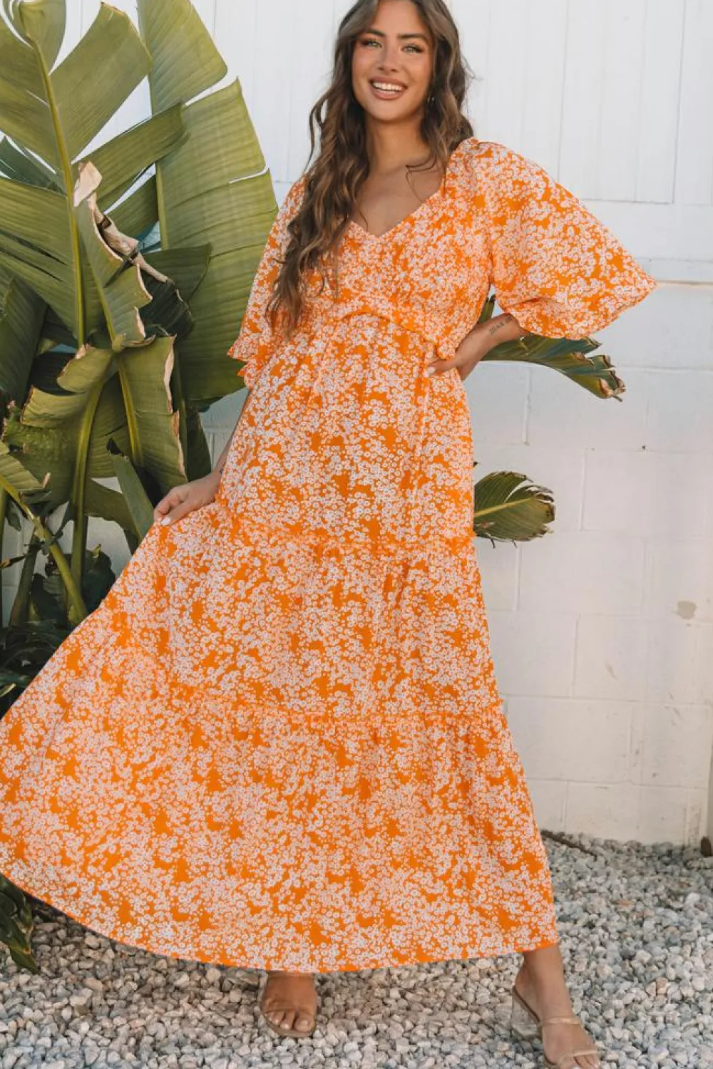 Fashion Dear-Lover Floral Print Smocked V Neck Wide Sleeve Maxi Dress Orange