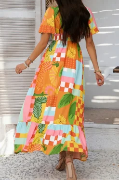 Outlet Dear-Lover Floral Print Smocked Empire Waist V Neck Maxi Dress Orange