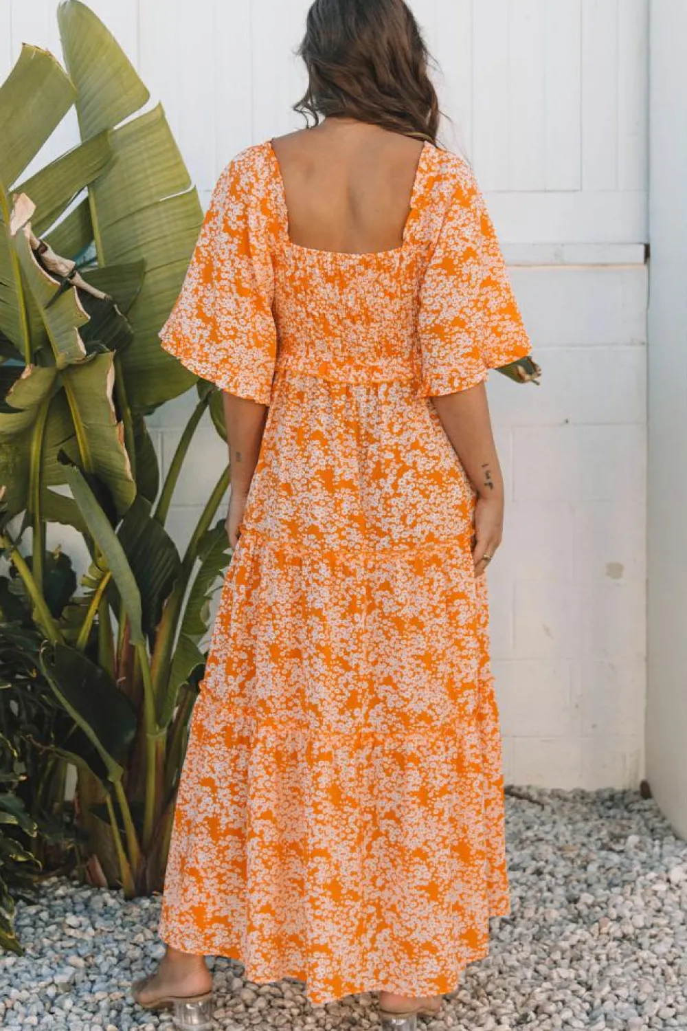 Fashion Dear-Lover Floral Print Smocked V Neck Wide Sleeve Maxi Dress Orange