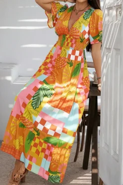 Outlet Dear-Lover Floral Print Smocked Empire Waist V Neck Maxi Dress Orange