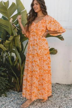 Fashion Dear-Lover Floral Print Smocked V Neck Wide Sleeve Maxi Dress Orange