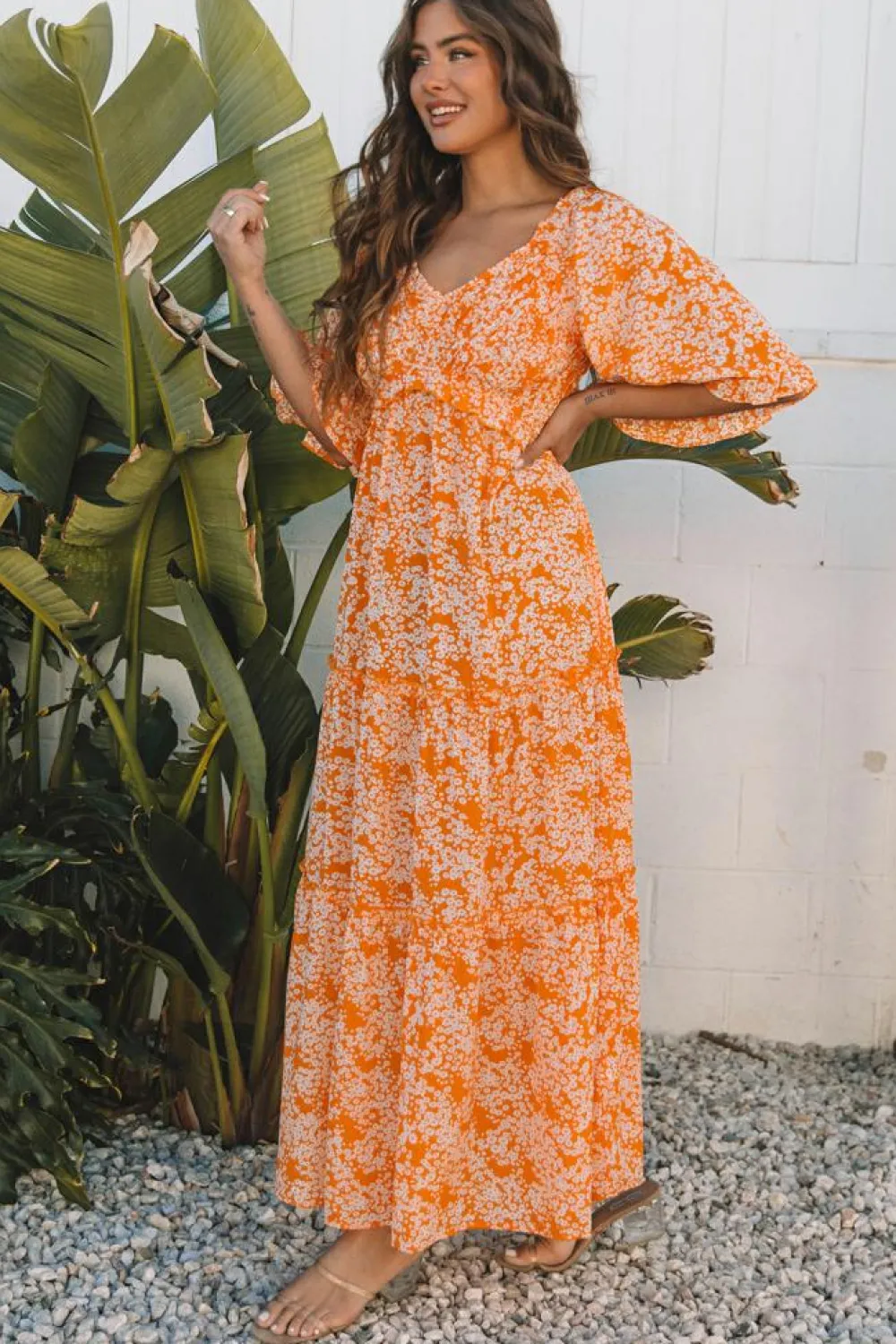 Fashion Dear-Lover Floral Print Smocked V Neck Wide Sleeve Maxi Dress Orange