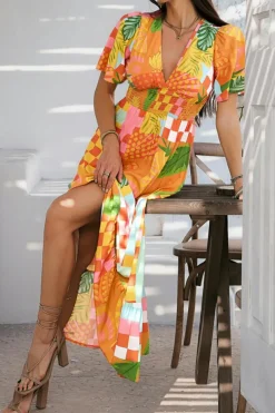 Outlet Dear-Lover Floral Print Smocked Empire Waist V Neck Maxi Dress Orange