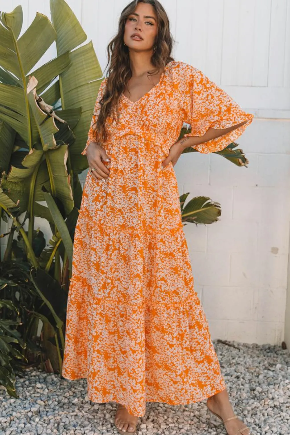 Fashion Dear-Lover Floral Print Smocked V Neck Wide Sleeve Maxi Dress Orange