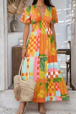 Outlet Dear-Lover Floral Print Smocked Empire Waist V Neck Maxi Dress Orange