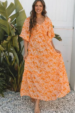 Fashion Dear-Lover Floral Print Smocked V Neck Wide Sleeve Maxi Dress Orange