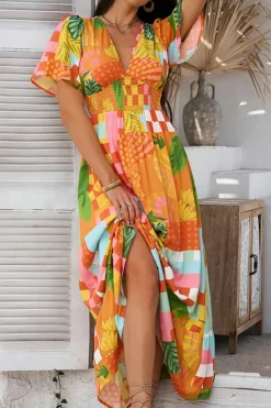 Outlet Dear-Lover Floral Print Smocked Empire Waist V Neck Maxi Dress Orange