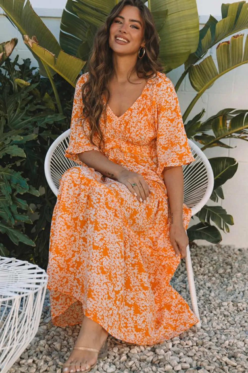 Fashion Dear-Lover Floral Print Smocked V Neck Wide Sleeve Maxi Dress Orange