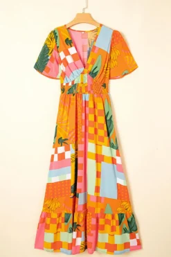 Outlet Dear-Lover Floral Print Smocked Empire Waist V Neck Maxi Dress Orange