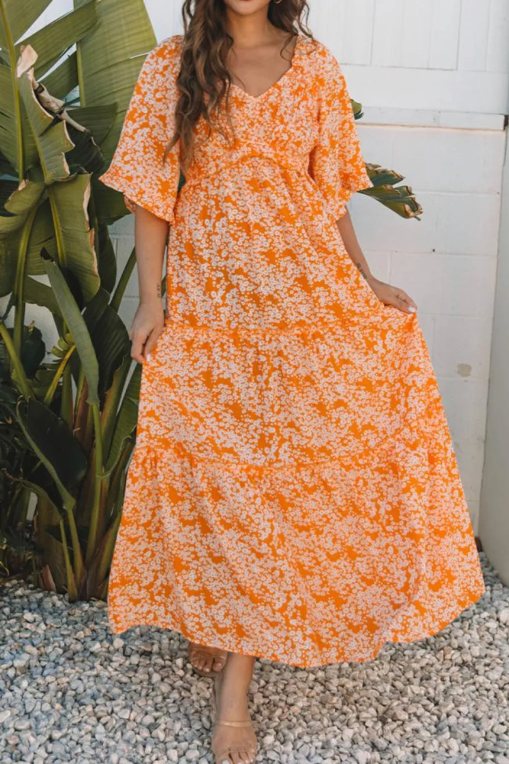 Fashion Dear-Lover Floral Print Smocked V Neck Wide Sleeve Maxi Dress Orange
