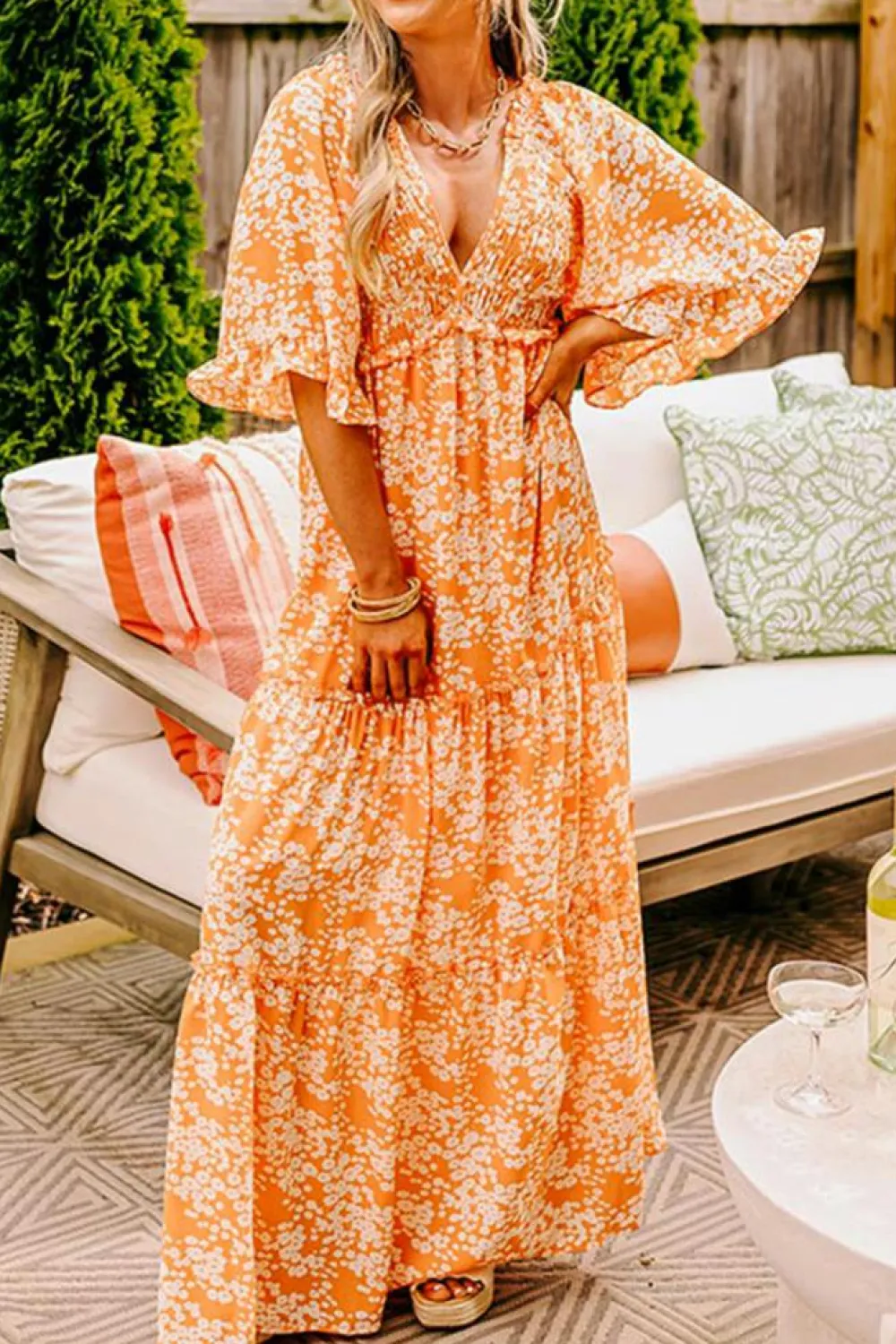 Fashion Dear-Lover Floral Print Smocked V Neck Wide Sleeve Maxi Dress Orange