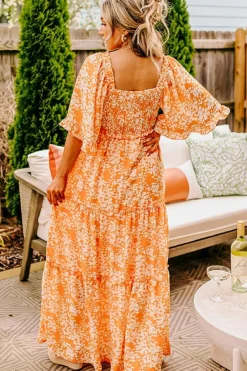 Fashion Dear-Lover Floral Print Smocked V Neck Wide Sleeve Maxi Dress Orange