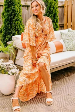 Fashion Dear-Lover Floral Print Smocked V Neck Wide Sleeve Maxi Dress Orange